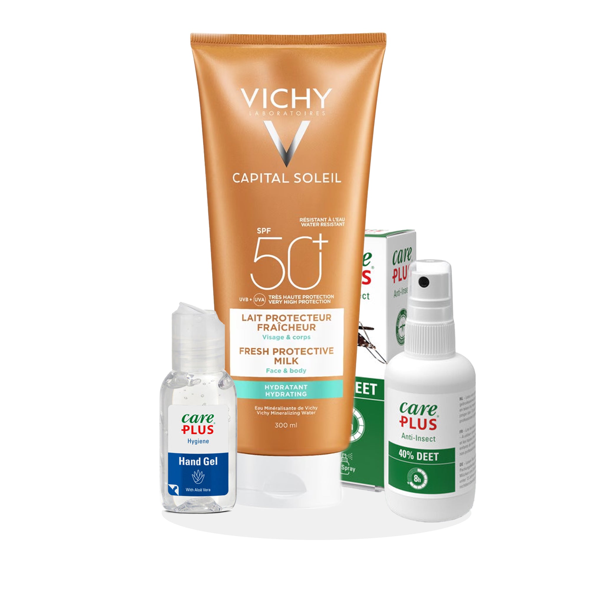 CARE PLUS DEET Anti-Insect Spray 40% voor op reis, handgel voor hygiëne op vakantie, VICHY Capital Soleil zonnebrand SPF50