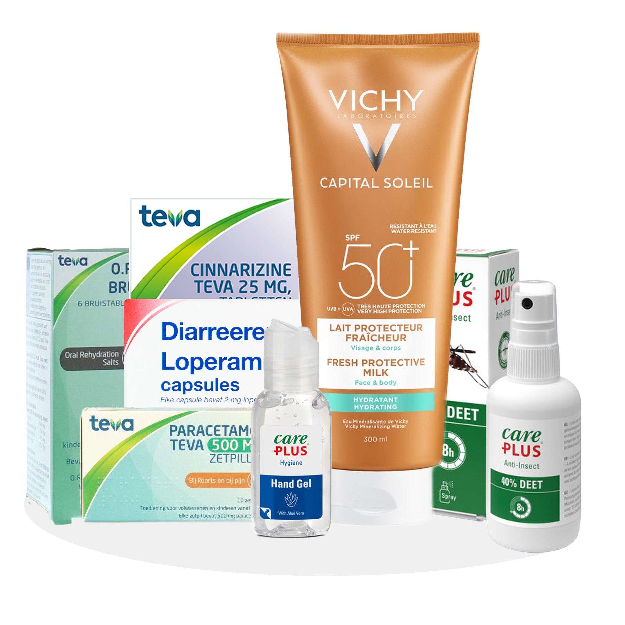 CARE PLUS DEET Anti-Insect Spray 40% voor op reis, handgel voor hygiëne op vakantie, VICHY Capital Soleil zonnebrand SPF50, diarree-remmer HTP Loperamide Capsule, ORS TEVA Bruistablet, Roter Paracetamol Tabletten, CINNARIZINE TEVA reisziekte-tablet